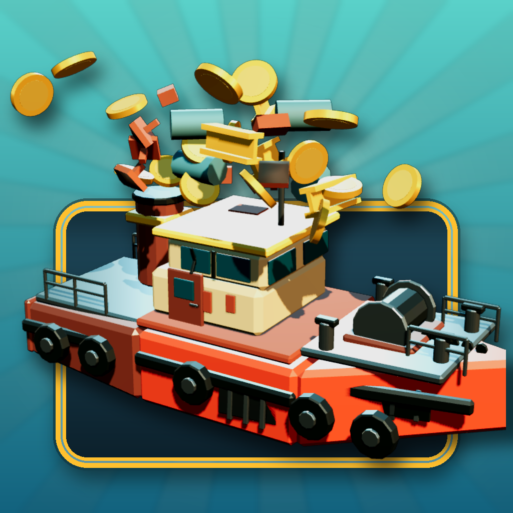 Salvage Tycoon development artwork: a colorful tugboat surrounded by reclaimed metal and coins
