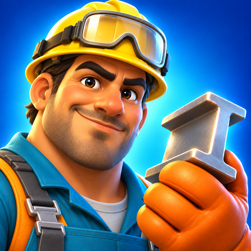 Salvage Tycoon's Yard Boss, wearing a yellow hard hat and holding a steel beam