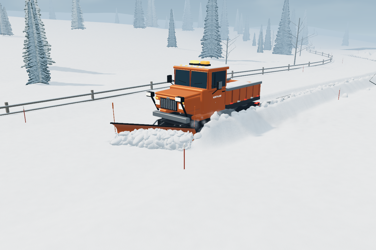 An orange snowplow clearing a winding road through a snowy forest in our game prototype
